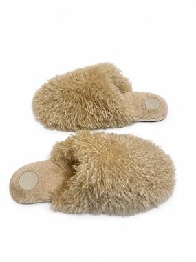 Anthropologie Fluffy Shearling-Look Slide Slippers in Tan